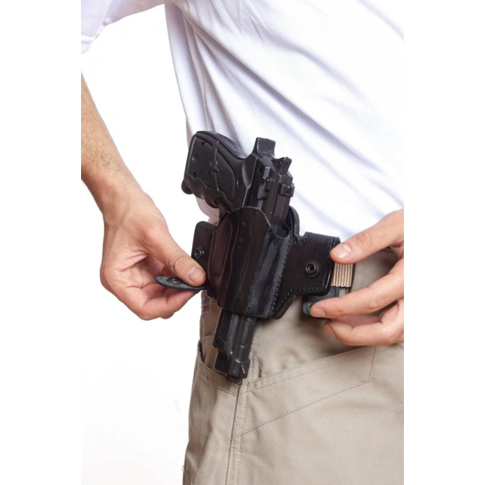 Sag El Siyah Renk Hakiki Deri cit citli Universal Palaskaya Kemere Gecirmeli Yarim Kelebek Silah Kilifi