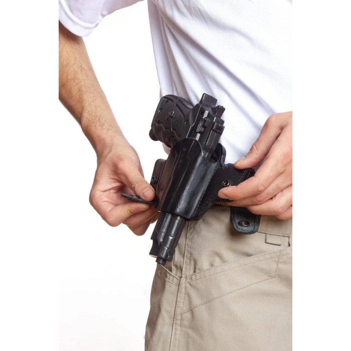 Sag El Siyah Renk Hakiki Deri cit citli Universal Palaskaya Kemere Gecirmeli Yarim Kelebek Silah Kilifi