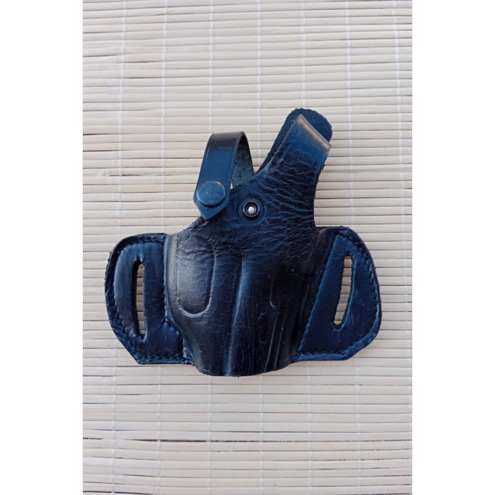 sag el siyah renk tek emniyetli hakiki deri universal kaliteli kemere gecirmeli yarim kelebek silah kilifi