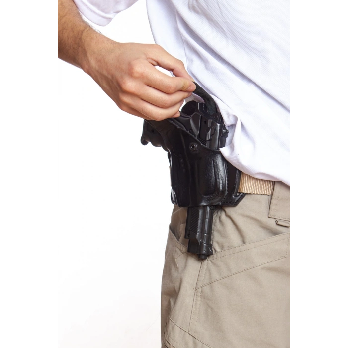 sag el siyah renk tek emniyetli universal kaliteli palaskaya kemere gecirmeli yarim kelebek hakiki deri silah kilifi