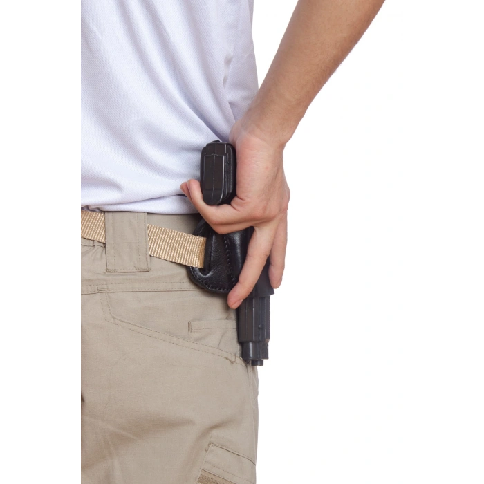 sag el siyah renk tek emniyetli universal kaliteli palaskaya kemere gecirmeli yarim kelebek hakiki deri silah kilifi