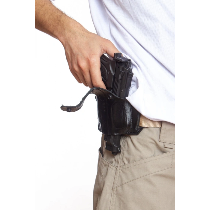 sag el siyah renk tek emniyetli universal kaliteli palaskaya kemere gecirmeli yarim kelebek hakiki deri silah kilifi