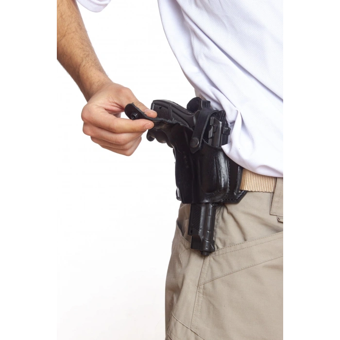 sag el siyah renk tek emniyetli universal kaliteli palaskaya kemere gecirmeli yarim kelebek hakiki deri silah kilifi