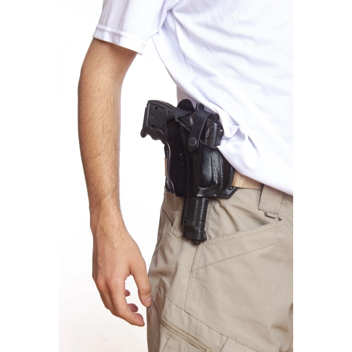 sag el siyah renk tek emniyetli universal kaliteli palaskaya kemere gecirmeli yarim kelebek hakiki deri silah kilifi