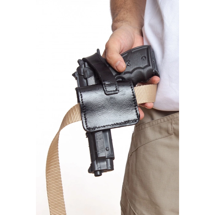 Sag El Siyah Renkli Hakiki Deri Tek Emniyetli Universal Airsoft Palaskaya Kemere Gecirmeli Kase Silah Kilifi