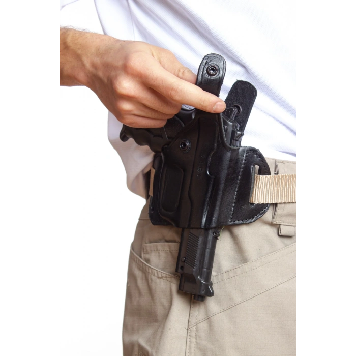 Sag El Siyah Renkli Tek Emniyetli Hakiki Deri Universal Kemere Gecirmeli Yarim Kelebek Silah Kilifi