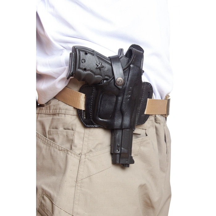 Sag El Siyah Renkli Tek Emniyetli Hakiki Deri Universal Kemere Gecirmeli Yarim Kelebek Silah Kilifi