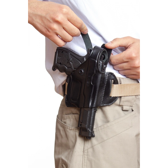 Sag El Siyah Renkli Tek Emniyetli Hakiki Deri Universal Kemere Gecirmeli Yarim Kelebek Silah Kilifi