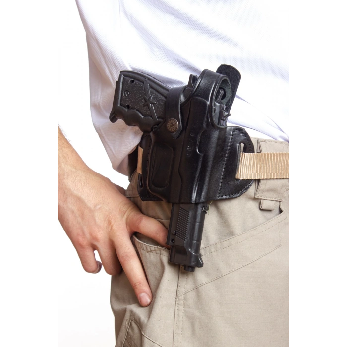 Sag El Siyah Renkli Tek Emniyetli Hakiki Deri Universal Kemere Gecirmeli Yarim Kelebek Silah Kilifi