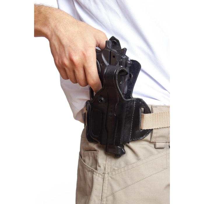 Sag El Siyah Renkli Tek Emniyetli Hakiki Deri Universal Kemere Gecirmeli Yarim Kelebek Silah Kilifi