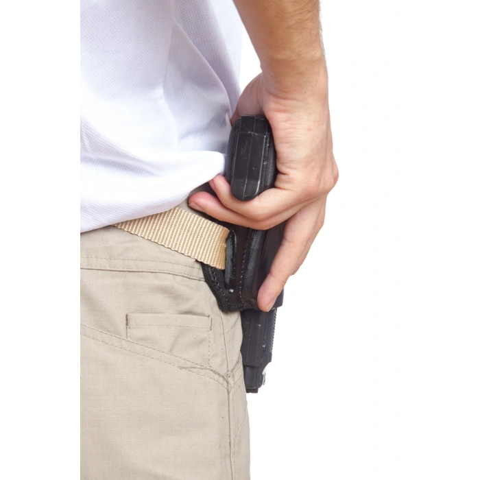 Sag El Siyah Renkli Tek Emniyetli Hakiki Deri Universal Kemere Gecirmeli Yarim Kelebek Silah Kilifi