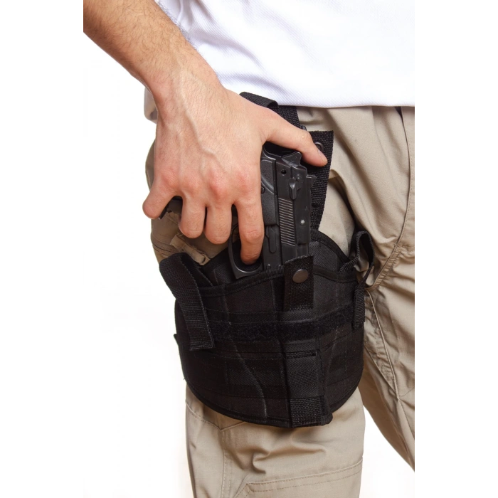 Sag Sol El Siyah Renk Lastikli Klipsli Tek Baglantili Airsoft Palaskaya Kemere Gecirmeli impertex Bacak Silah Kilifi