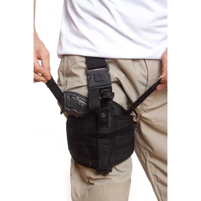 Sag Sol El Siyah Renk Lastikli Klipsli Tek Baglantili Airsoft Palaskaya Kemere Gecirmeli impertex Bacak Silah Kilifi