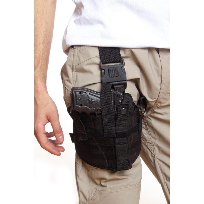 Sag Sol El Siyah Renk Lastikli Klipsli Tek Baglantili Airsoft Palaskaya Kemere Gecirmeli impertex Bacak Silah Kilifi