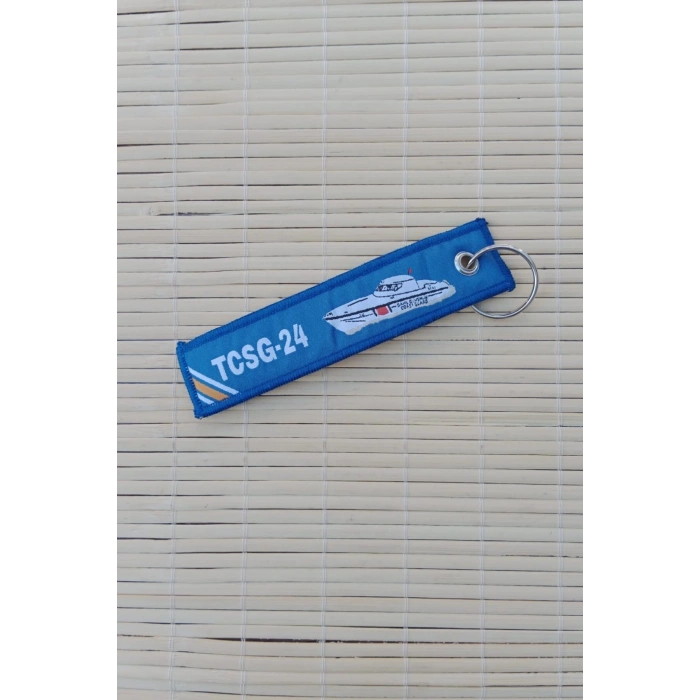 Sahil guvenlik tcsg 24 yazili mavi beyaz nakis islemeli bez anahtarlik