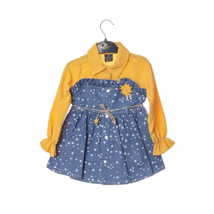 sari renkli cicek broslu citcitli etek vual brode ici astarli cicek aksesuarli kiz cocuk kot gomlek elbise