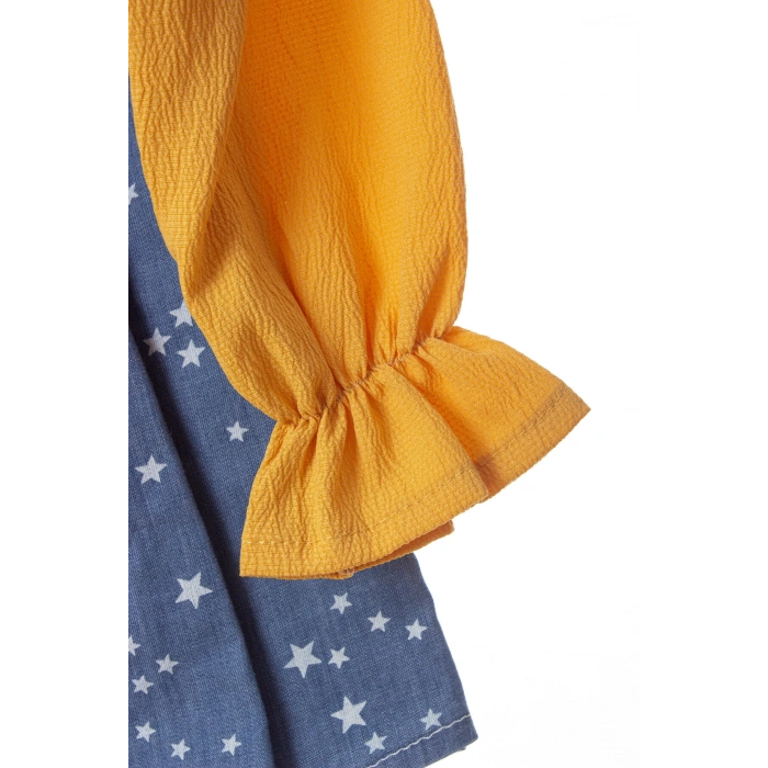 sari renkli cicek broslu citcitli etek vual brode ici astarli cicek aksesuarli kiz cocuk kot gomlek elbise