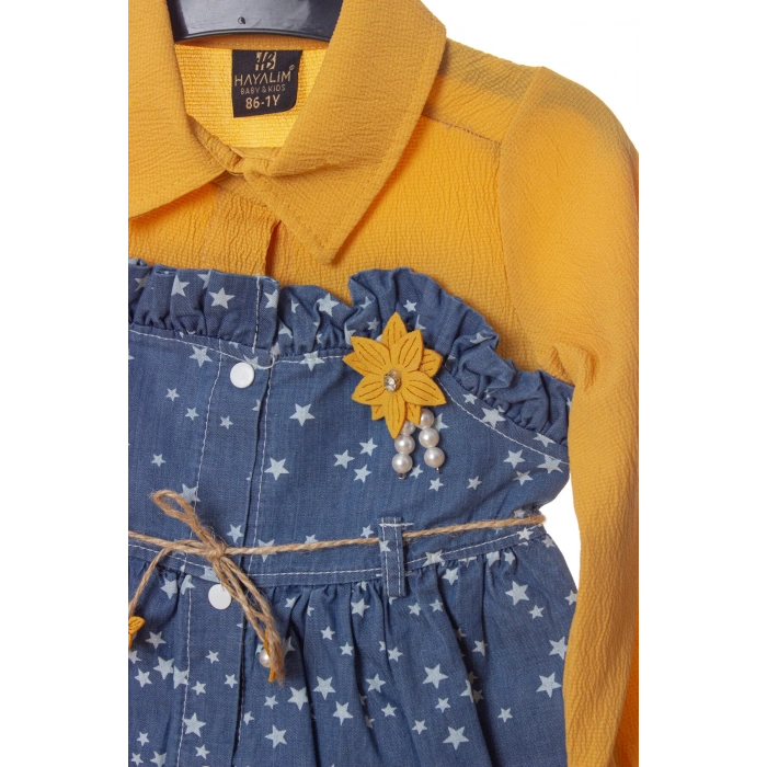 sari renkli cicek broslu citcitli etek vual brode ici astarli cicek aksesuarli kiz cocuk kot gomlek elbise