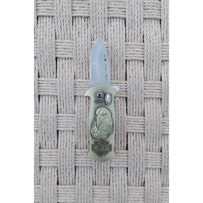 Sari Renkli Kabartmali Cok Fonksiyonlu Altin Kartal Modelli Emniyetli Dugmeli Bicakli Purmuz Cakmak