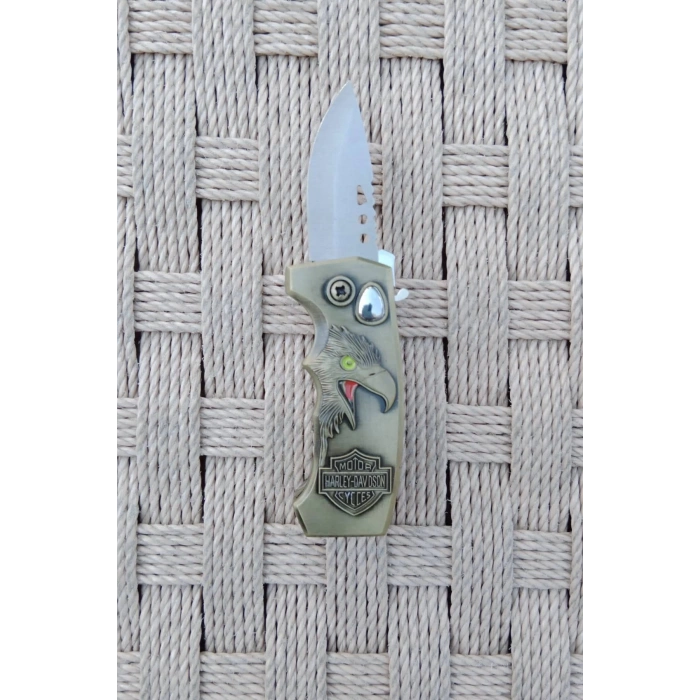 Sari Renkli Kabartmali Cok Fonksiyonlu Kartal Modelli Emniyetli Dugmeli Bicakli Purmuz Cakmak