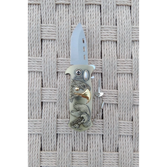 Sari Renkli Kabartmali Cok Fonksiyonlu Tepeli Akbaba Modelli Emniyetli Dugmeli Bicakli Purmuz Cakmak