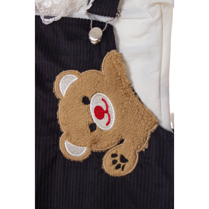 siyah renkli badili bahcivan elbise ayicik detayli nakisli cepli kaliteli uzun kollu kadife kiyafet