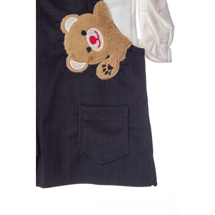 siyah renkli badili bahcivan elbise ayicik detayli nakisli cepli kaliteli uzun kollu kadife kiyafet