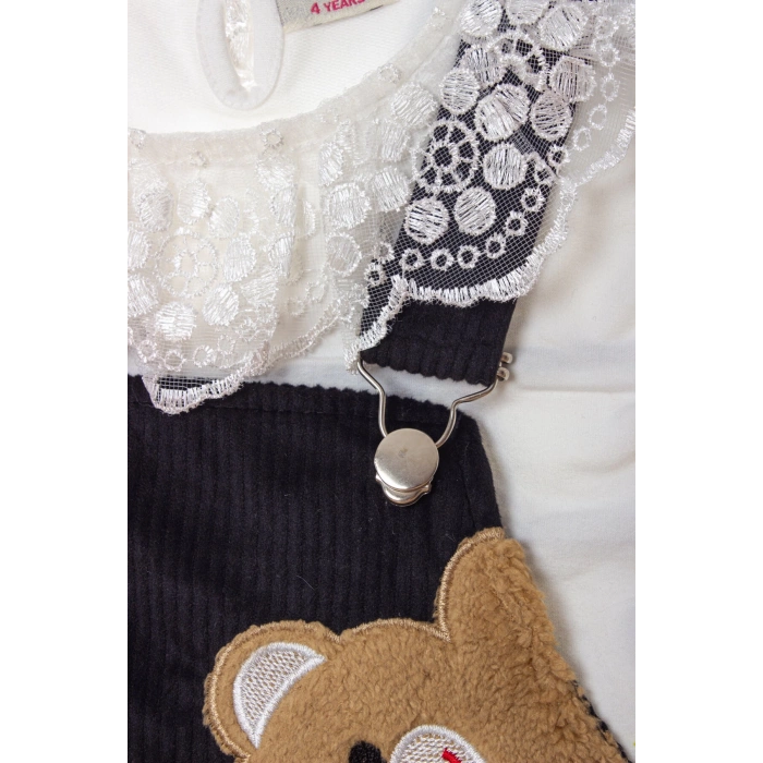 siyah renkli badili bahcivan elbise ayicik detayli nakisli cepli kaliteli uzun kollu kadife kiyafet