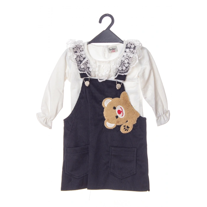 siyah renkli badili bahcivan elbise ayicik detayli nakisli cepli kaliteli uzun kollu kadife kiyafet