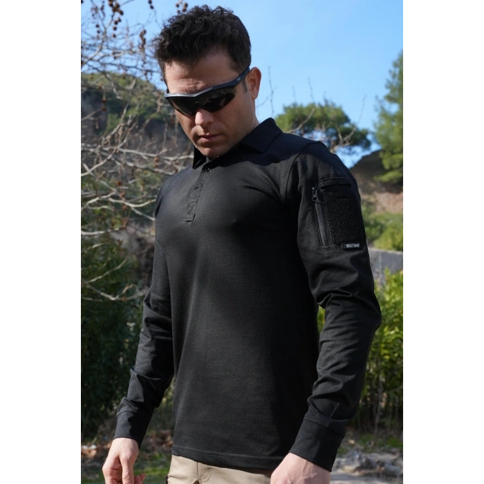 siyah renkli beldaran model cepli uzun kollu polo yakali dugmeli operasyon taktik tisort