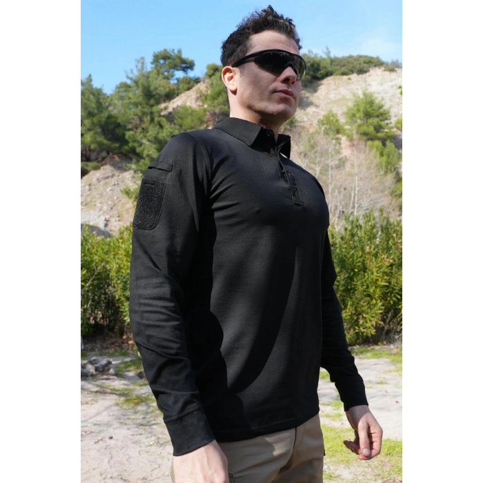 siyah renkli beldaran model cepli uzun kollu polo yakali dugmeli operasyon taktik tisort