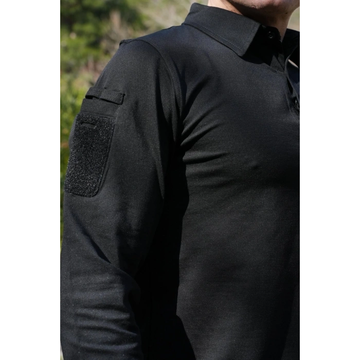 siyah renkli beldaran model cepli uzun kollu polo yakali dugmeli operasyon taktik tisort