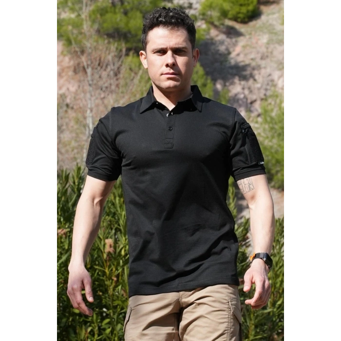 siyah renkli kisa kollu polo yaka dugmeli taktik tisort