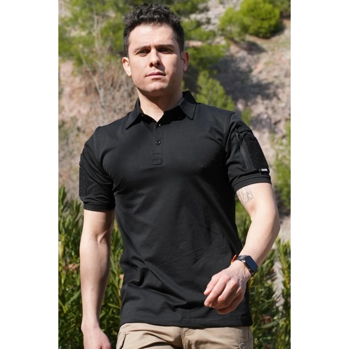 siyah renkli kisa kollu polo yaka dugmeli taktik tisort