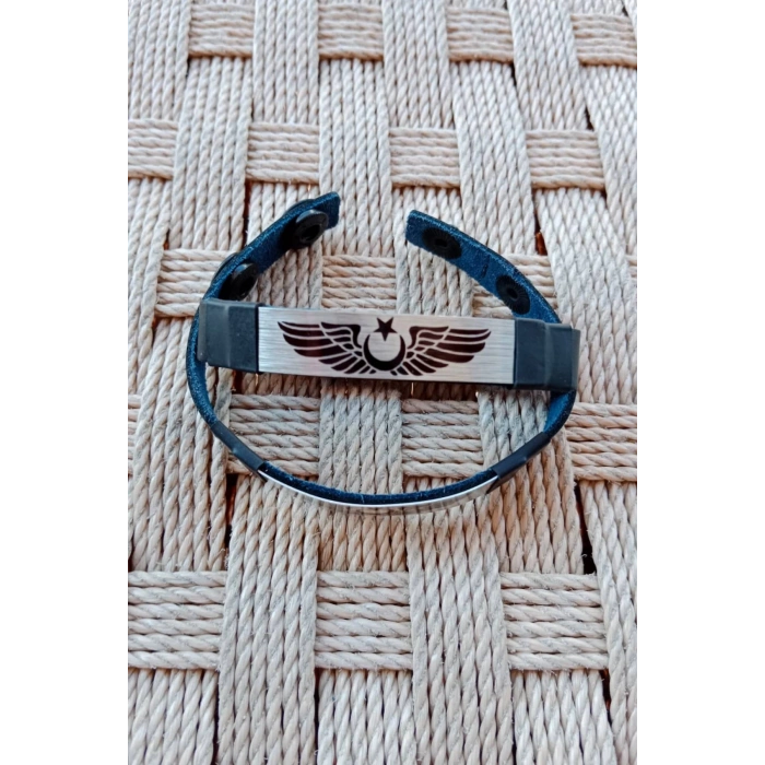 Siyah Renkli Pilot Brovesi Logolu Hakiki Deri Hediyelik Bileklik