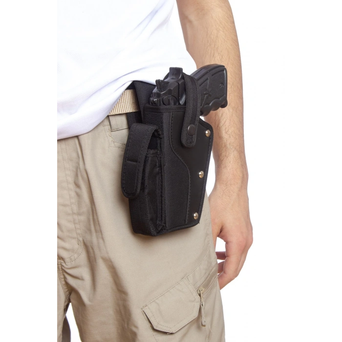 Sol El Siyah Renk Tek Emniyetli Sarjorluklu Airsoft Palaskaya Kemere Gecirmeli impertex Silah Kilifi