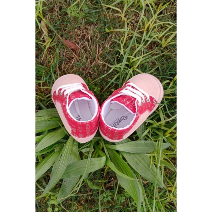 somon kirmizi renkli ici pamuklu organik ortopedik cocuk bebek ilkadim bagcikli patik kanvas sneaker casual ayakkabi