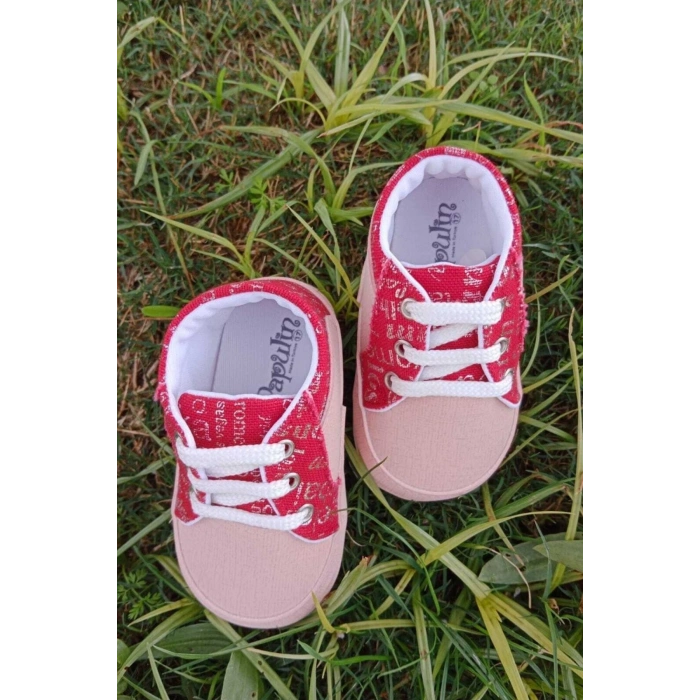 somon kirmizi renkli ici pamuklu organik ortopedik cocuk bebek ilkadim bagcikli patik kanvas sneaker casual ayakkabi