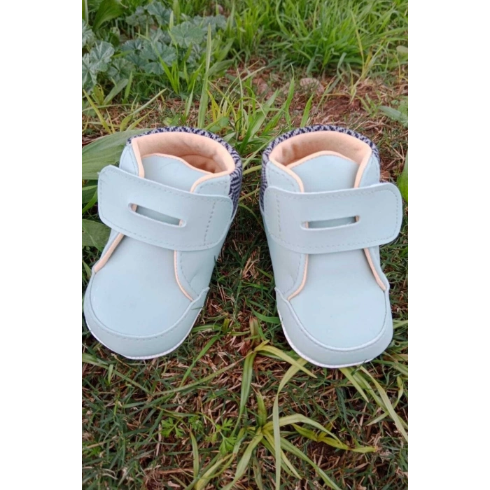 turkuaz renkli ici pamuklu cirtli bantli kapamali organik unisex cocuk bebek ilkadim patik ayakkabi