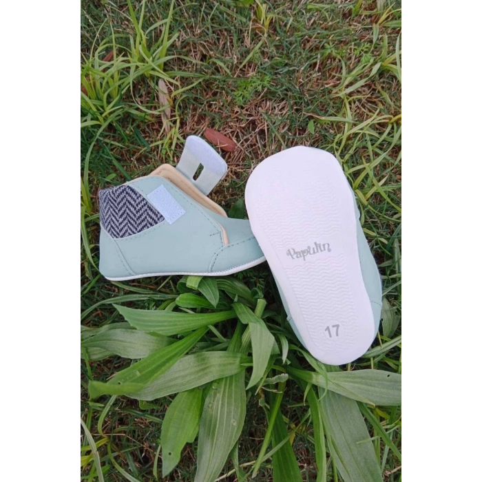 turkuaz renkli ici pamuklu cirtli bantli kapamali organik unisex cocuk bebek ilkadim patik ayakkabi