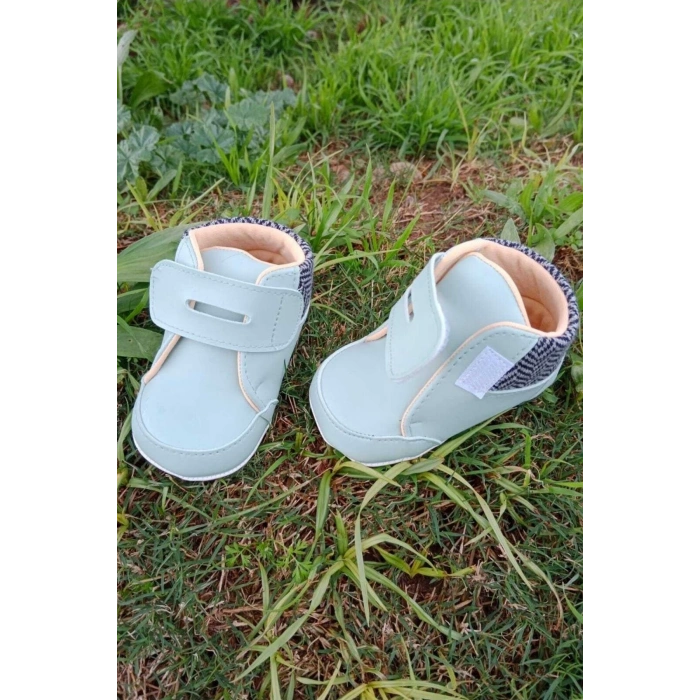 turkuaz renkli ici pamuklu cirtli bantli kapamali organik unisex cocuk bebek ilkadim patik ayakkabi