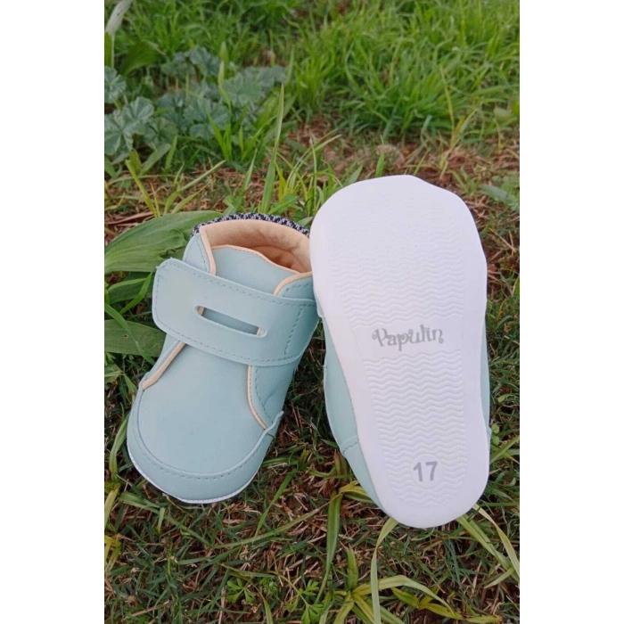 turkuaz renkli ici pamuklu cirtli bantli kapamali organik unisex cocuk bebek ilkadim patik ayakkabi