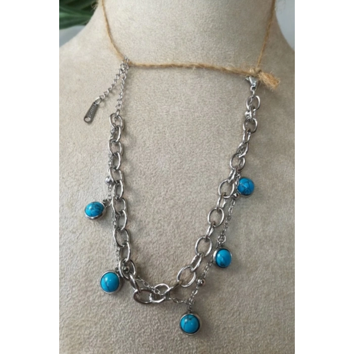 turkuaz tasli tasarim kalin cift silver zincirli gumus renkli kaliteli paslanmaz celik bileklik halhal stainless stell