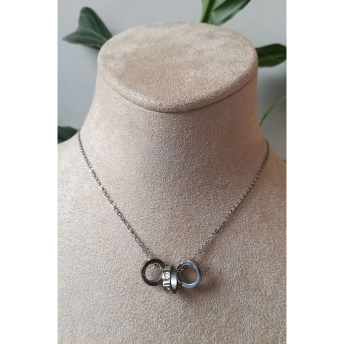 uc halkali tasarim ince silver zincirli gumus renkli kaliteli paslanmaz celik kolye stainless stell