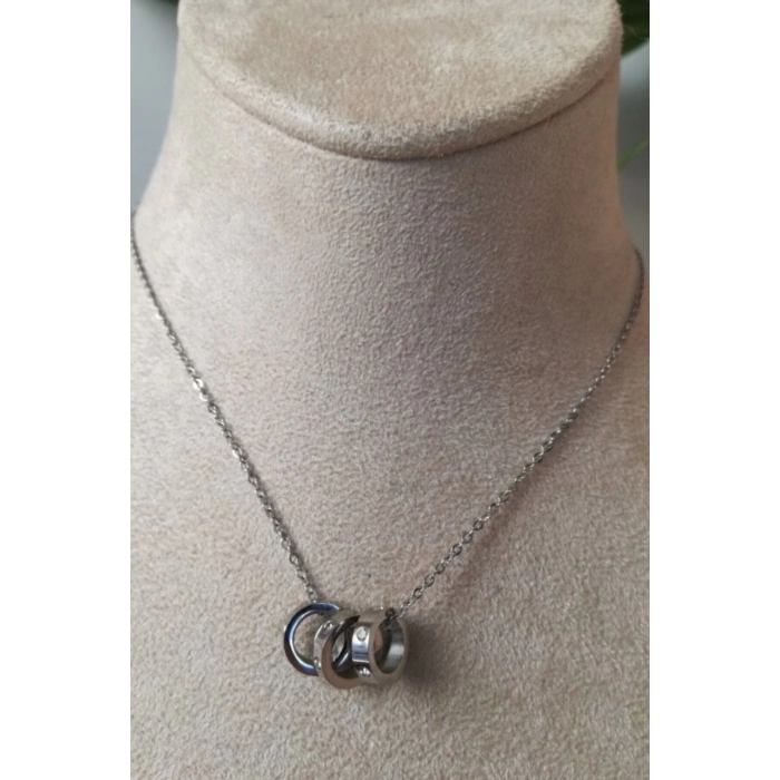 uc halkali tasarim ince silver zincirli gumus renkli kaliteli paslanmaz celik kolye stainless stell