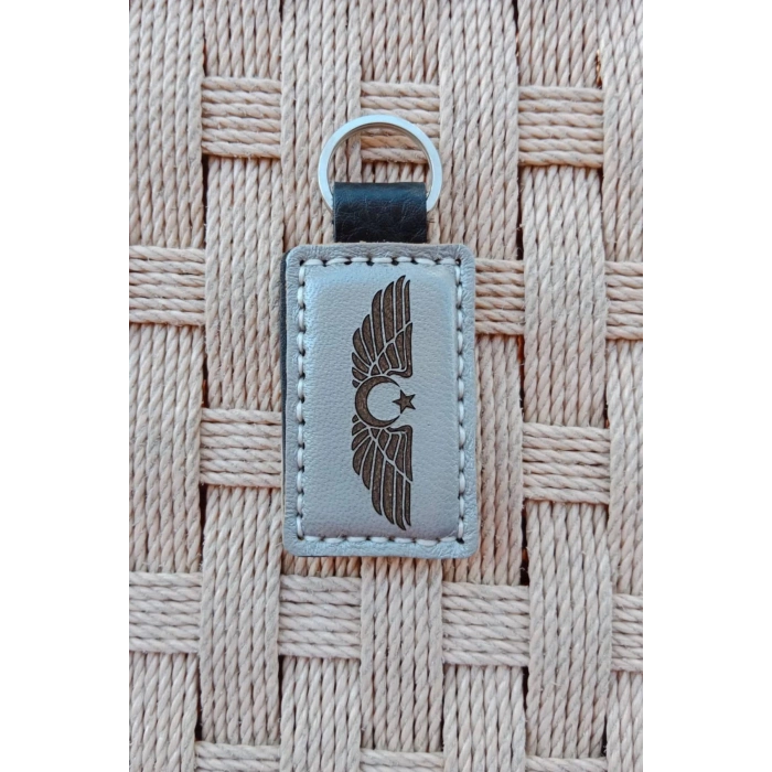 Ucak Amblemli Siluetli Pilot Brovesi Hakiki Deri Hediyelik Anahtarlik