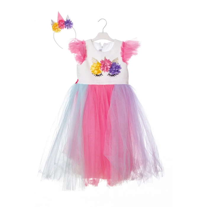 unicorn detayli pullu karisik renkli tacli kurdelali tullu kaliteli cocuk abiye kostum