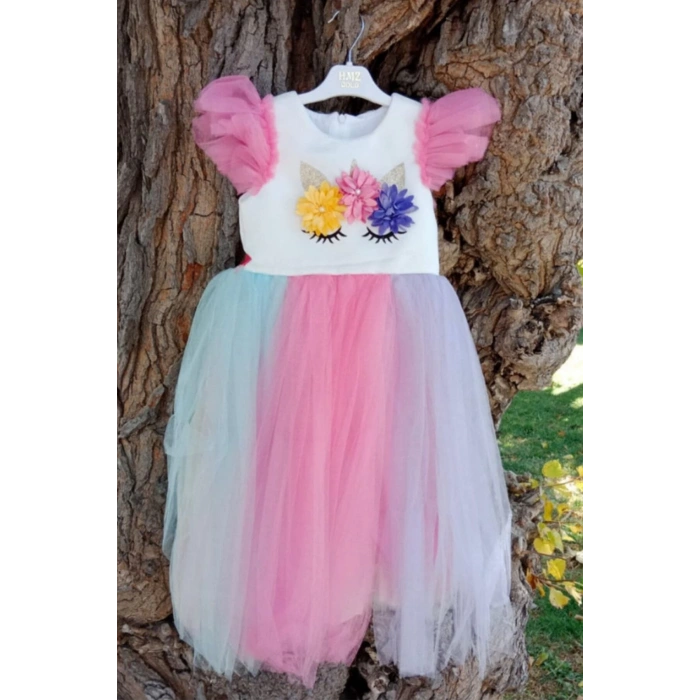 unicorn detayli pullu karisik renkli tacli kurdelali tullu kaliteli cocuk abiye kostum