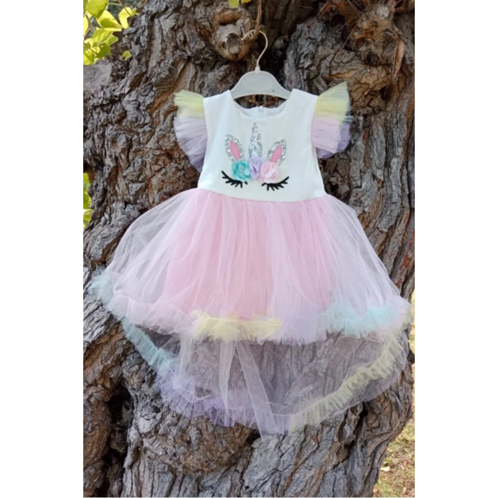 unicorn detayli pullu karisik renkli tullu kaliteli cocuk abiye kostum