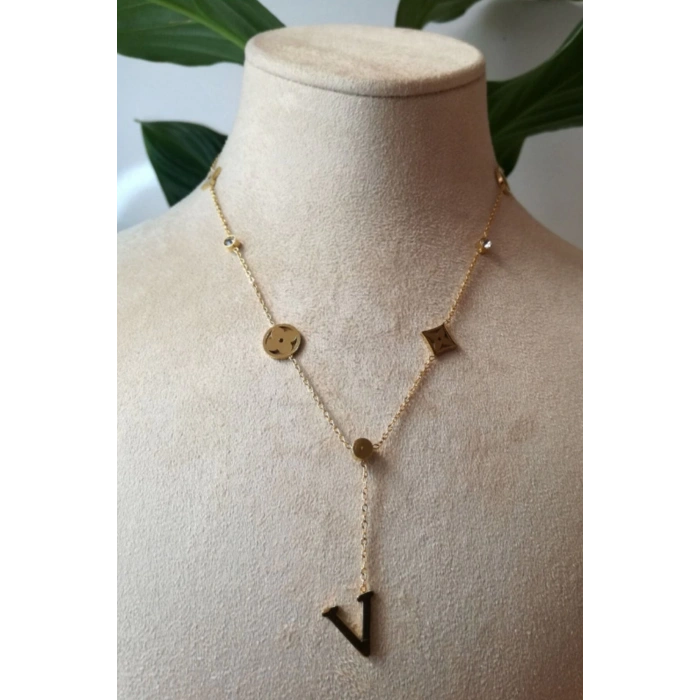 v harf yildizli tasarim ince gold zincirli altin renkli zirkon tasli kaliteli paslanmaz celik kolye stainless stell